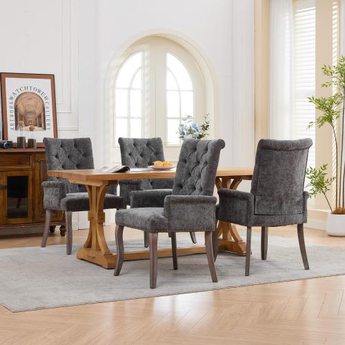 Upholstered Chenille Arm Dining Chair, Tufted Accent Chair with Curved Solid Wood Legs, Gray, Single Pack