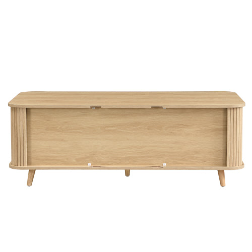 Mid-Century Modern Natural Wood Coffee Table with Tambour Doors & Multi Storage Compartments