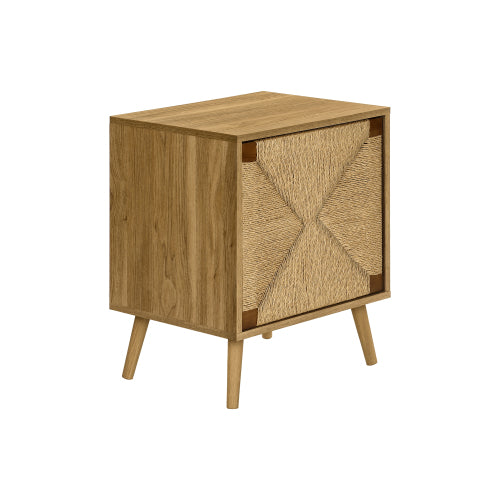 Light Walnut Accent Table Seagrass Door Storage Cabinet with Shelf