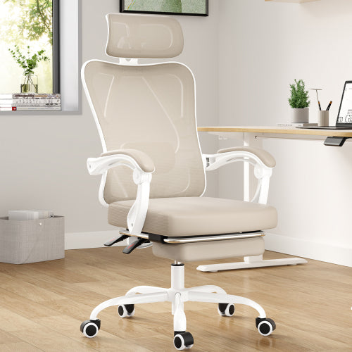 Ergonomic Office Chair with Footrest, Mesh Office Desk Chair with Headrest, High Back Computer Chair with Adjustable Lumbar Support for Home Office Study Room Bedroom, White & Kakhi