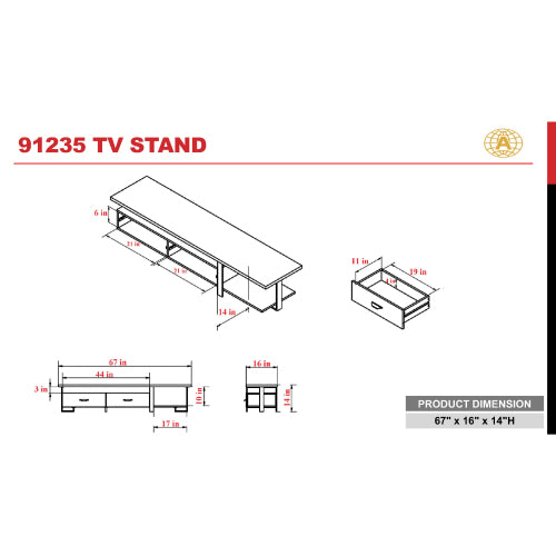 Walnut & Black 67 Inch TV Stand with 2 Drawers & Open Shelves for 55 Inch TV