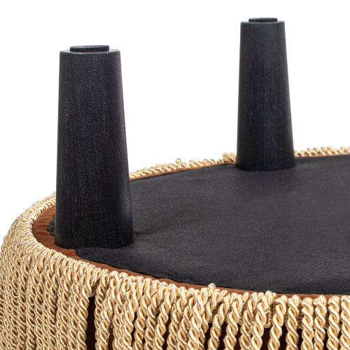 24 inch Burnt Orange Performance Velvet Round Ottoman, Vintage Fringe Accent Stool, Handcrafted Hardwood Frame
