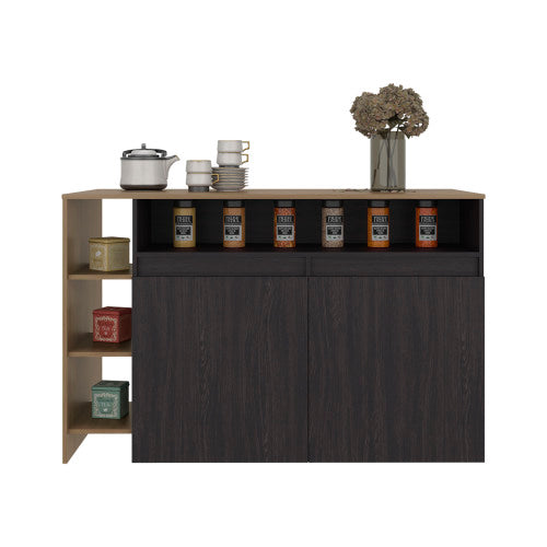 Kitchen Bar Counter with Ample Storage and Shelves, Black Wengue / Natural Oak