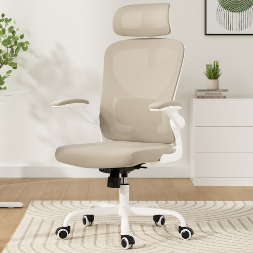 Ergonomic Office Chair, Home Office Desk Chair with Headrest, High Back Computer Chair with Armrests and Adjustable Lumbar Support for Home Office Study Room, White & Khaki