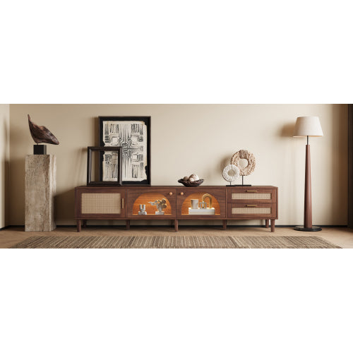 86 inch TV Stand for TVs Up to 90 inch, Rattan Media Console with LED Lights, Drawers & Glass Storage