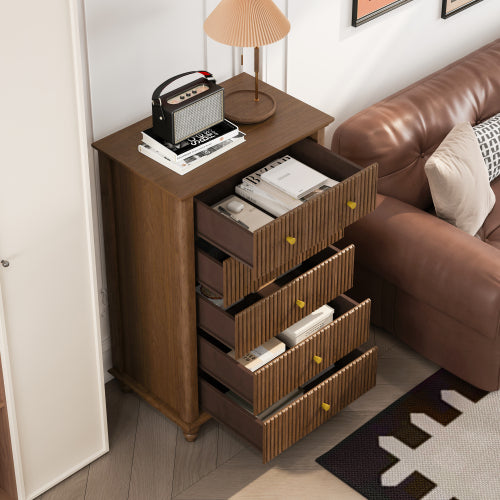 Fluted 5 Drawer Dresser, 45 Inch Tall Modern Chest of Drawers, Bedroom Dresser with Metal Handle, Wooden Drawer Organizer for Bedroom, Living Room, Hallway, Entryway, Walnut