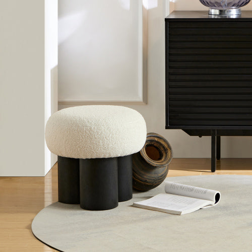 White Teddy Mushroom Ottoman Foot Stool, Imitation Wood Leg Cute Round Accent Seat for Entryway Bedroom