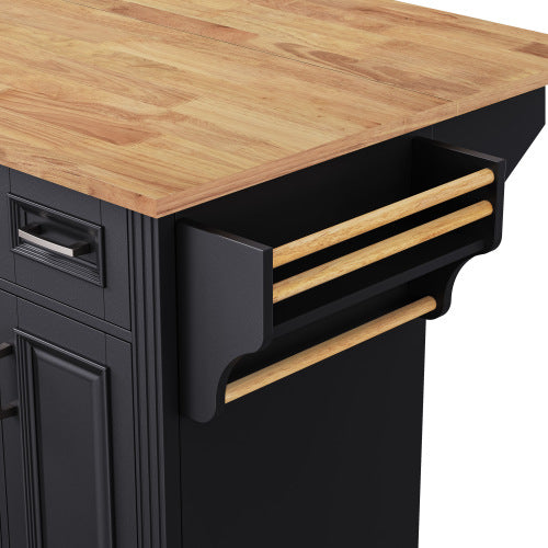 54 Inch Rolling Kitchen Island with Drop Leaf Drawers & Wheels Black