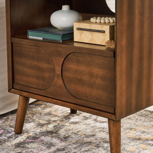 Mid Century Modern Fluted Nightstand with Charging Station USB Ports & Outlet Hole & 4 Solid Wood Legs, Farmhouse End Table with Open Space and Drawer Dresser, Walnut