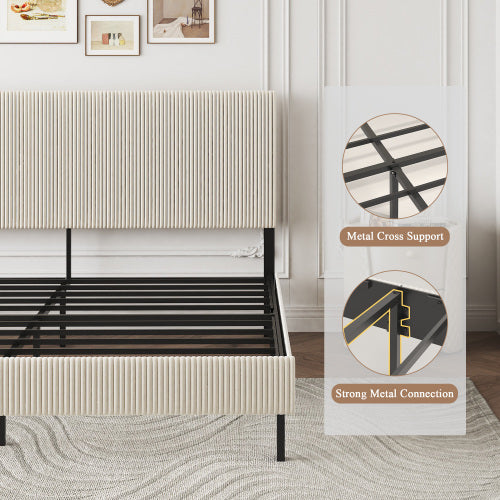 King bed frame with a bandaged headboard is stable and easy to assemble, and the style is simple and elegant,beige