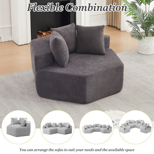54-Inch Hexagonal Modular Chenille Lounge Chair, Spring-Coil Filling, 3 Pillows, Non-Slip Bottom for Game-Room Living-Room