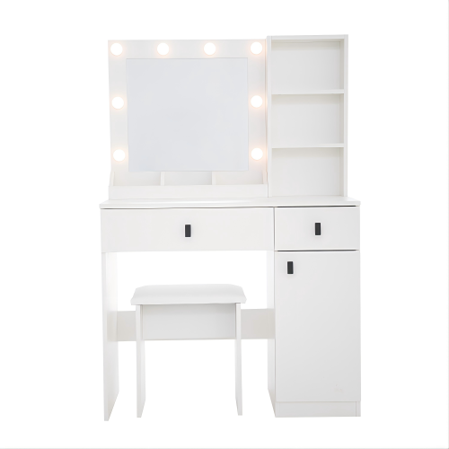 White Vanity Desk with Lights & Mirror, Large Drawers & Three Level Storage, 3 Lights Brightness Adjustable