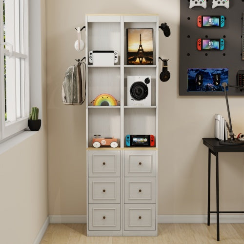 73 Inch Tall Slim Antique White Storage Cabinet 3 Drawers & Side Hooks Home Display Bookcase