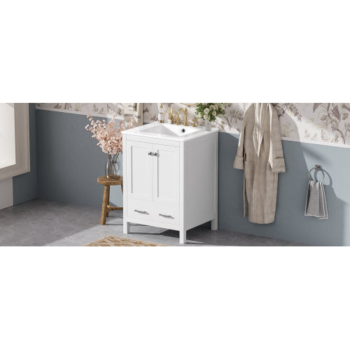 24-inch bathroom vanity with integrated undermount basin and a storage cabinet featuring 2 doors and 1 drawer. Includes double-layer door shelf, soft-close design, and versatile storage solutions