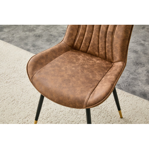 Set of 2 Brown Leathaire Tech Fabric Dining Chairs, Black Semi-Gloss Metal Leg Gold Trim Adjustable Feet Vertical Stitch High Back