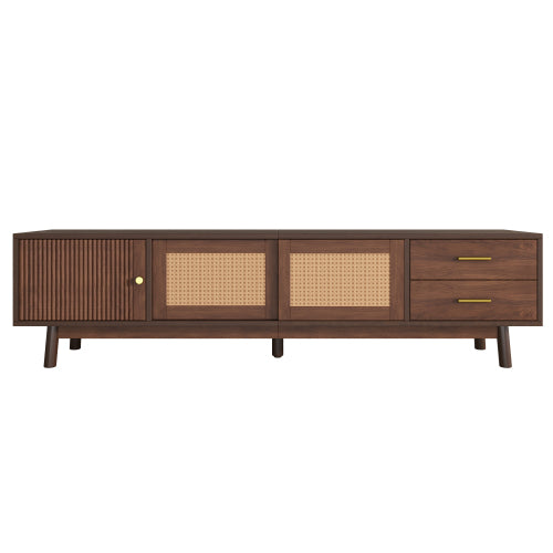 70.86 Inch Dark Brown PE Rattan Sliding Door TV Stand Solid Wood Leg Media Console For 80 Inch TV