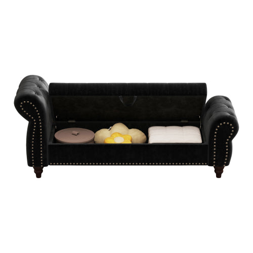 64.5inch Bed Bench for Bed Room Nails Tufted Chaise of Lounge with Storage Velvet Upholstery Black