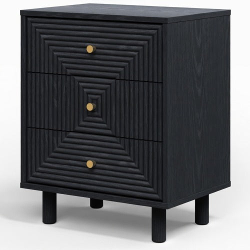18.7inch Black Modern Nightstand, 3 Geometric Drawers with Gold Knobs & Solid Wood Legs