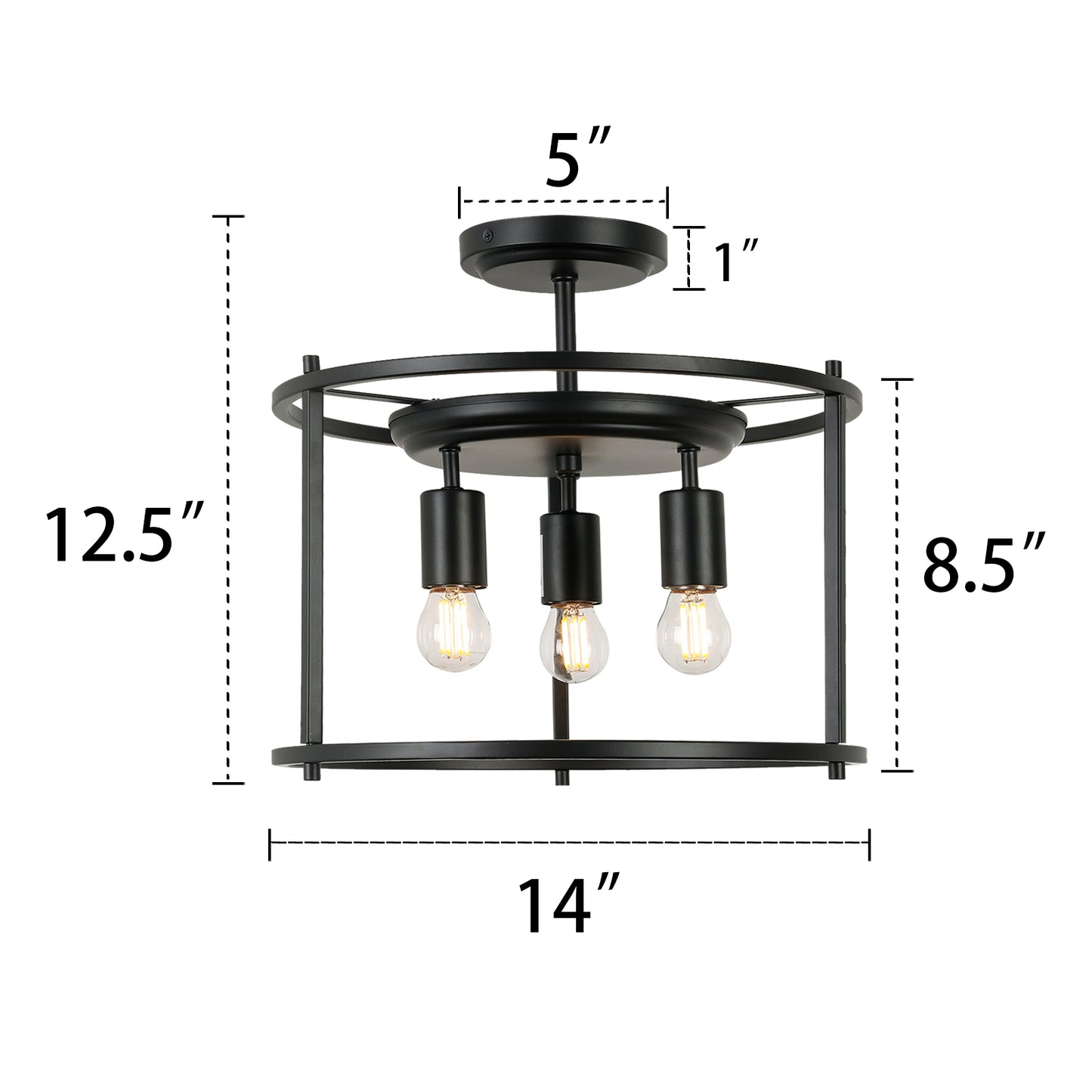 3-Light Semi-flush mount Indoor Modern Drum Cage design Matte Black Ceiling Lamp