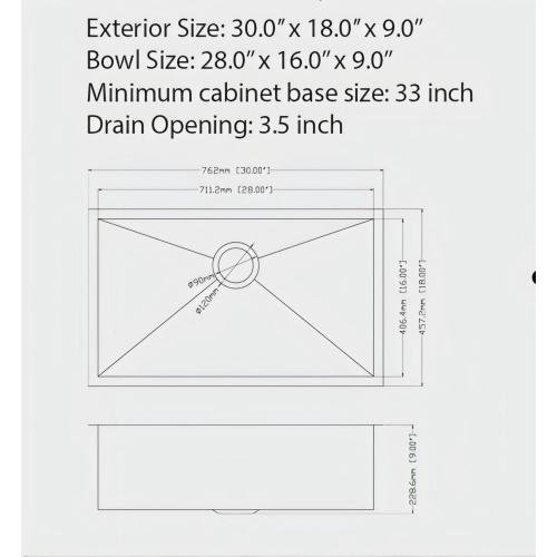 30"x18"x9" Gunmetal Black Undermount Kitchen Sink 16 Gauge Single Bowl with Drain Assembly