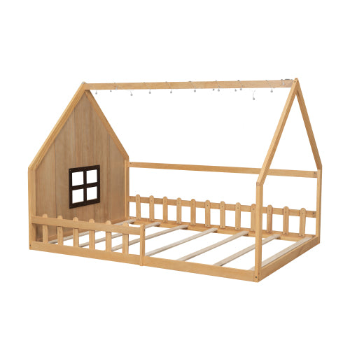 Full Size Wood House Bed with Window and Fence, Natural