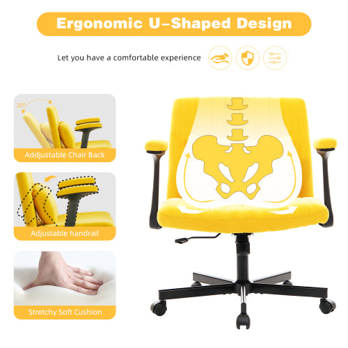 Yellow Linen Criss Cross Armrest Office Chair with Wheels - Ergonomic for Home Office, Work & Study