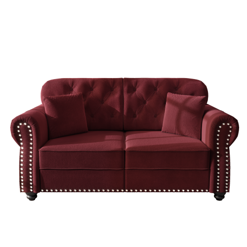 63 inch Burgundy Mid-Century Velvet Sofa, Nailhead Trim, Rolled Arms, 2 Pillows