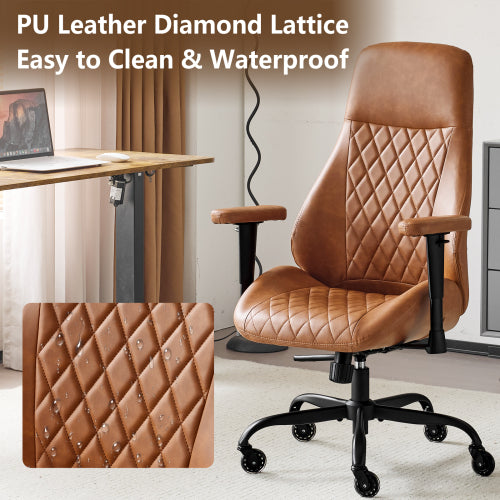 Home Office Desk Chair High Back Office Rubber Casters Ergonomic Computer Chair with Lumbar Support Adjustable Height Rolling Swivel Chair Executive Task Armrests, Brown Leather