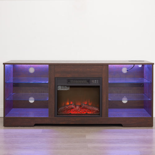 58 Inch Black Electric Fireplace TV Cabinet Bluetooth APP Controlled RGB LED Light Media Stand with Charging Ports for 62 Inch TV