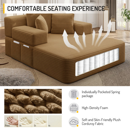 Camel Oversized Plush Corduroy Frameless Convertible Chaise Sofa Bed w/Storage Pockets & 3 Pillows