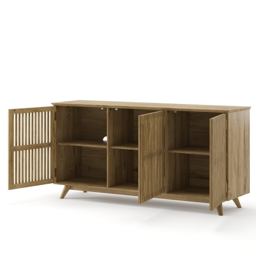 58.86 Inch Solid Knot-Free Pine Mid-Century TV Stand with Adjustable Shelf & Push-to-Open Doors