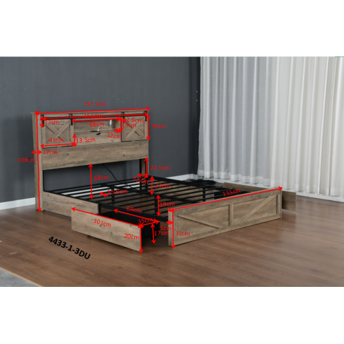 Farmhouse Bed Frame Queen Size with LED Lights and Charging Station, Wooden Queen Bed with 2 Storage Drawers, Rustic Headboard with Sliding Barn Door Storage Cabinets