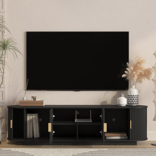 66.9 Inch Farmhouse Fluted Sliding Door TV Stand Adjustable Shelf Media Console for 75 Inch TV
