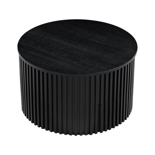 Round Lift Top Coffee Table, Fluted Wood Accent Table with Hidden Storage & Drawer, Solid Wood & MDF
