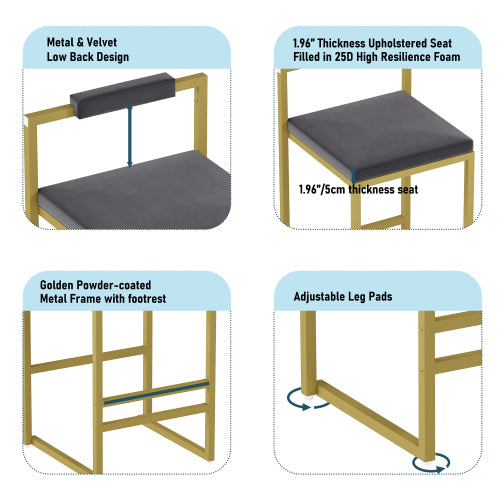 2-Pack Gray Velvet Bar Stools, Gold Metal Frame with Footrest