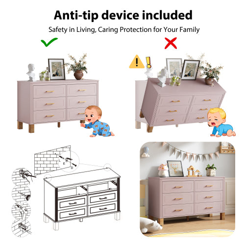 Pink 6-Drawer Solid Wood Frame Modern Bedroom Storage Dresser