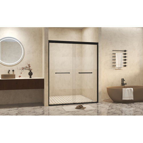 50-54" W × 72" H Tempered Glass with Explosion Proof Film, Aluminum Frame Double Sliding Shower Door, "1/4 (6 mm), Stainless Steel handle, Matte Black