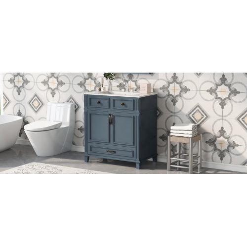 30'' Bathroom Vanity with Ceramic Sink,Solid Wood Frame Bathroom Storage Cabinet with Soft Closing Doors,Retro Style, Blue