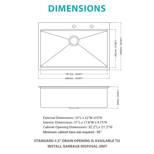 33" Drop in Gold Kitchen Sink - 33 x 22 x 10 inch Kitchen Sink Drop-in Topmount Single Bowl 16 Gauge Stainless Steel Ledge Workstation Kitchen Sinks