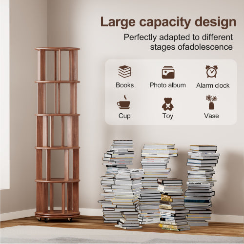 5-Tier Solid Wood Rotating Bookshelf with Wheels Walnut
