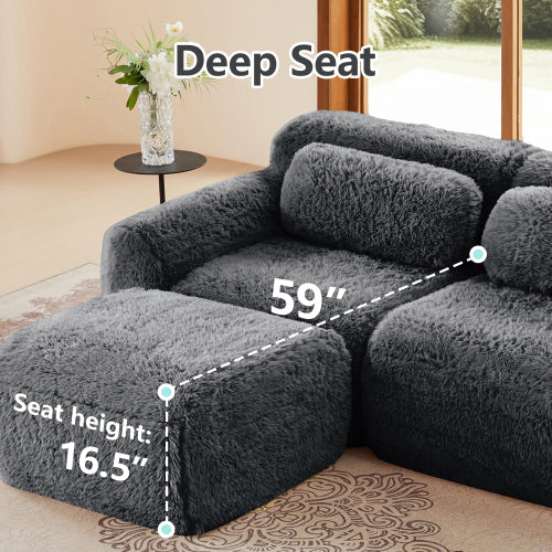 Dark-Grey L-Shaped Boneless Plush-Fabric Modular Sofa with Chaise & Throw Pillows No-Assembly