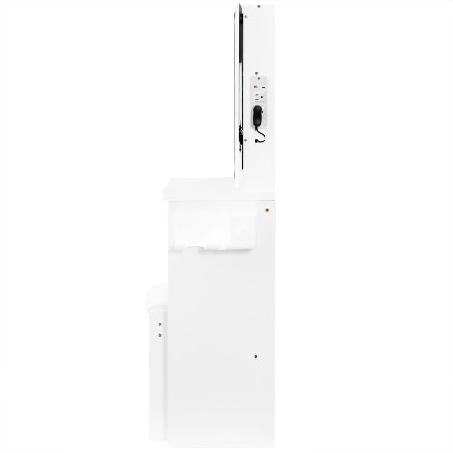 29.2" Small Size Left Bedside Cabinet Vanity Table + Cushioned Stool, 2 AC+2 USB Power Station, Hair dryer bracket, Extra Large Touch Control Sliding LED Mirror, Tri-color Switching, Brightness Adjust