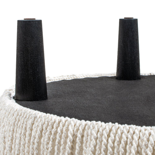 24 inch Round Upholstered Accent Ottoman, Almond White Chenille Round Foot Stool with Bullion Fringe