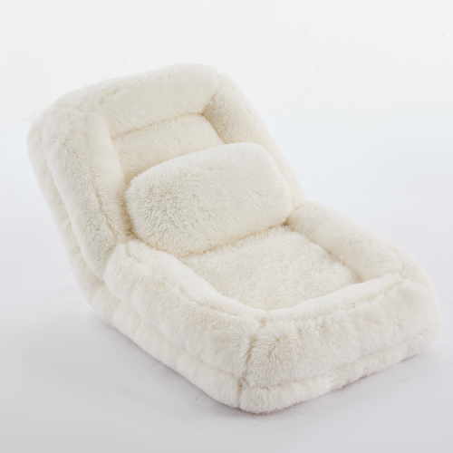 Beige 5-Position Adjustable Human-Size Floor Sofa Bed, Plush Faux Fur