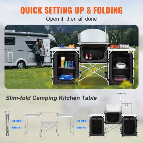 Camping Kitchen Table, Folding Outdoor Cooking Table with Storage Carrying Bag, Aluminum Cook Station 3 Cupboard & Detachable Windscreen, Quick Set-up for Picnics, BBQ, RV Traveling, Black
