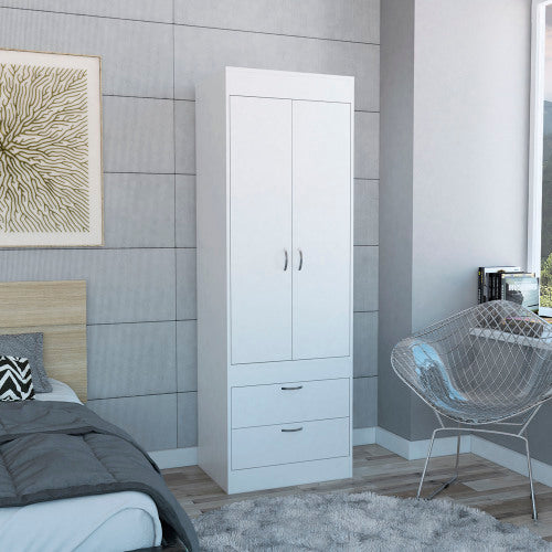 Armoire, Rod, Double Door, Two Drawers, Metal Handles White