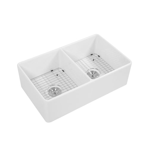 White Farmhouse Sink - 33 x 20 x 10 inch White Ceramic Porcelain Double Bowl Reversible Design Farm Kitchen Sink