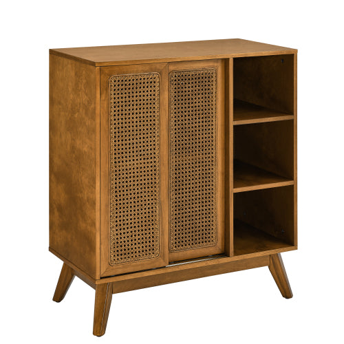 Mid Century Rattan Sideboard Cabinet with Adjustable Shelves and Wood Legs Light Wood