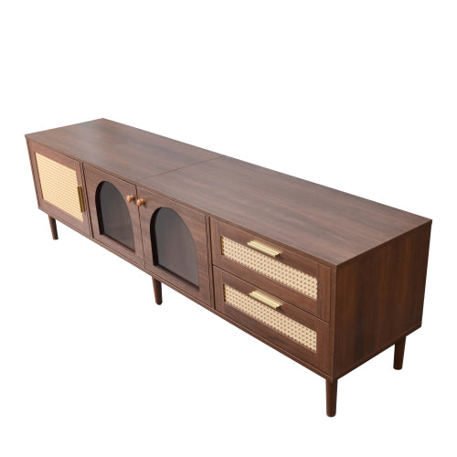70.8 inch Dark Brown App Control LED Rattan TV Stand Glass Storage For 80 Inch TV