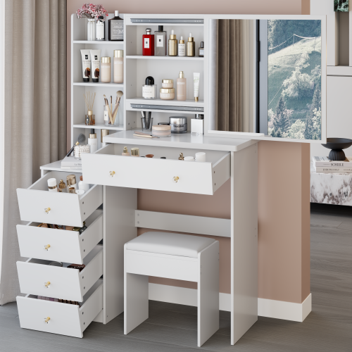 37inch Middle Size Left Bedside Cabinet Vanity Table + Cushioned Stool, Extra Large Right sliding mirror, Multi Layer High Capacity Storage, Practical Fashionable Dresser, Suitable For Large Space